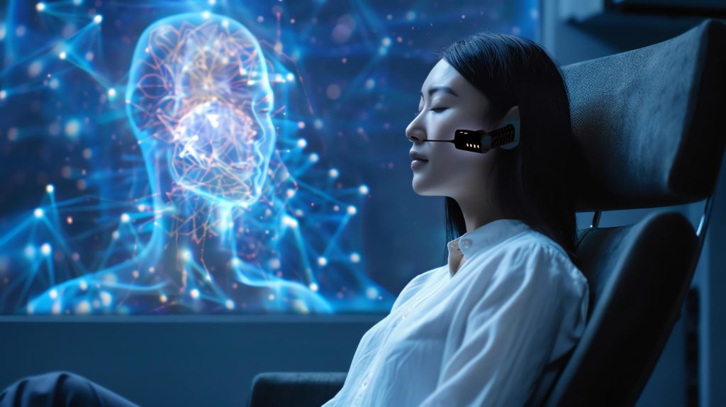 A woman sits in a chair and wears a headset with a glowing digital